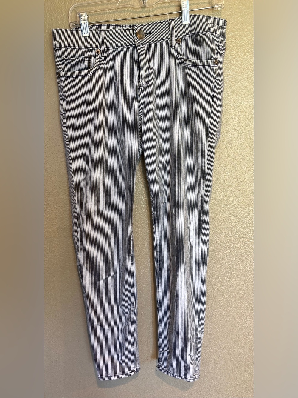 KUT From The Kloth Blue White Railroad Stripe Slim Skinny Jeans